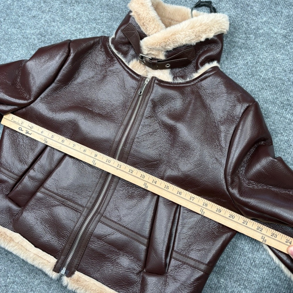 36points Womens Small Burgundy Faux Leather Aviator Bomber Jacket Faux Fur Trim - Picture 3 of 16